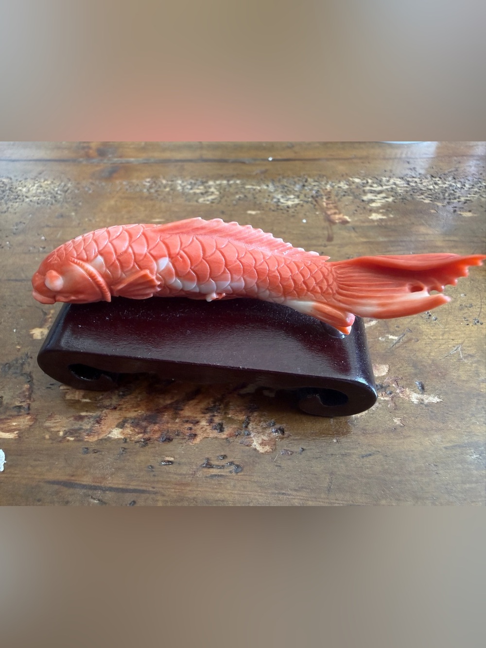 Carved Coy Fish Sculpture On Wood Stand  3 inches long